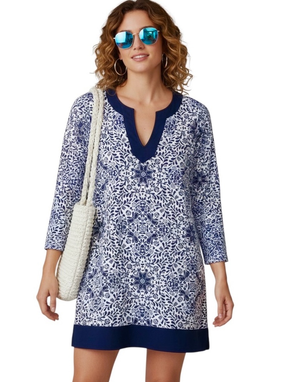 Lands' End Tunic Navy Blue White Cover Up Top Split Neck